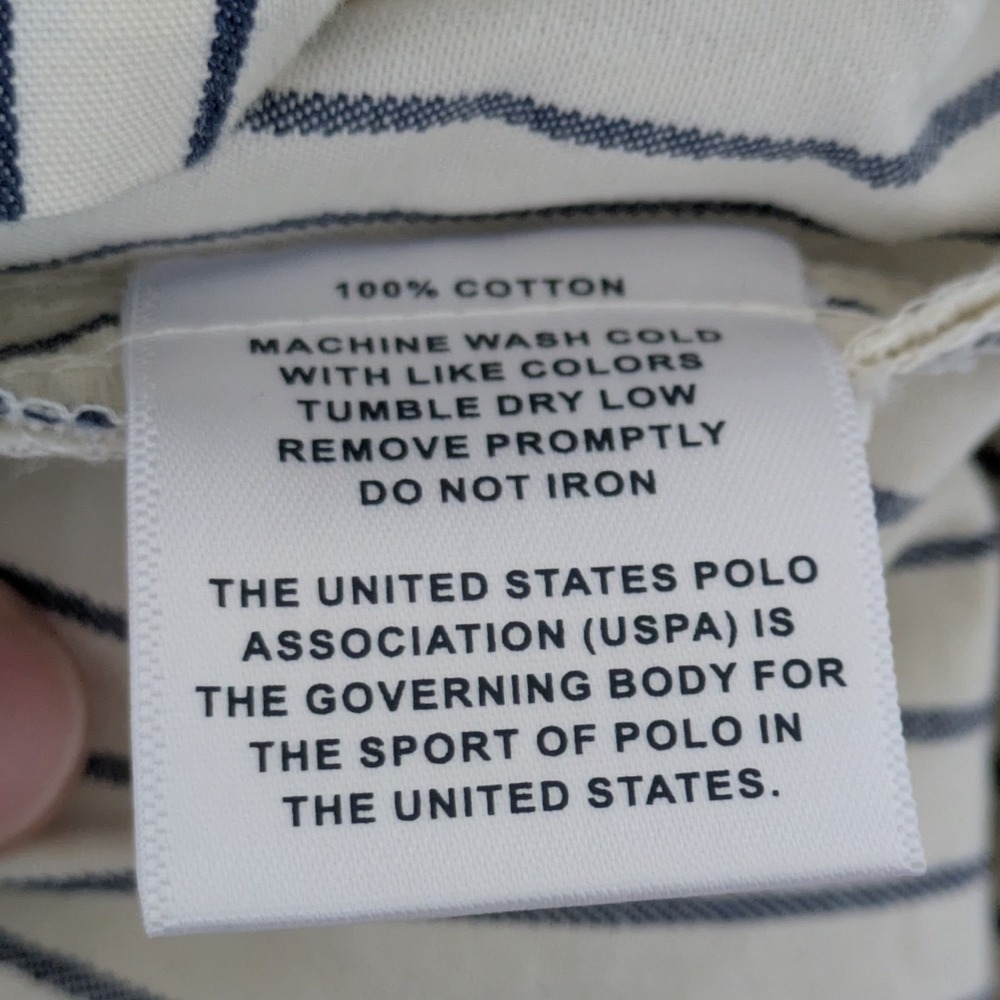 US Polo Assn Pinstripe Overall Dress Women XL Cream Navy Blue Classic Pinafore - Picture 7 of 9